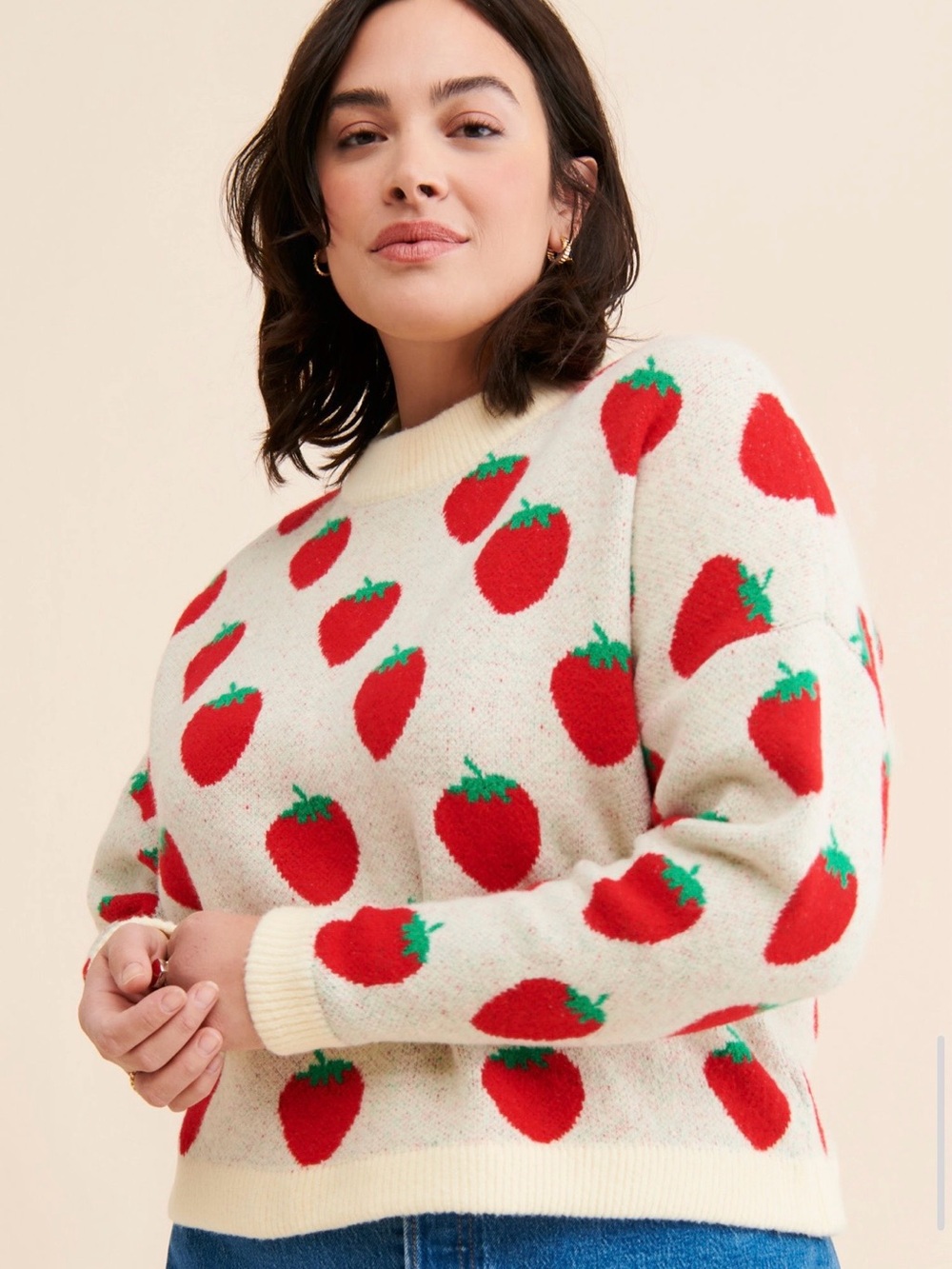 Lisa Says Gah Ella Cream Crewneck Sweater with Strawberries